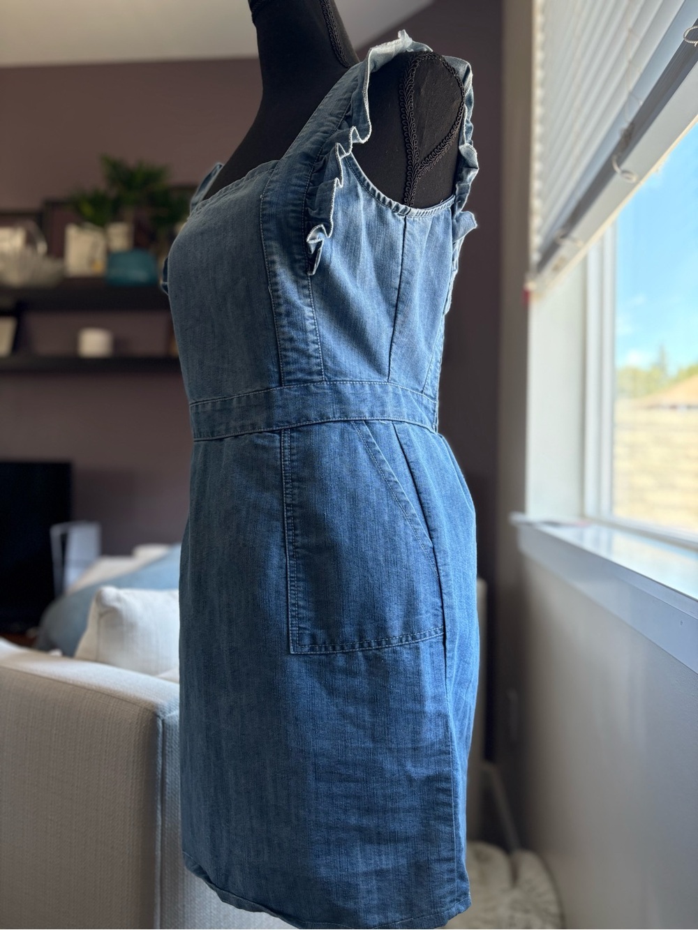 Japna Sleeveless Light Blue Denim Mini Dress Ruffle Straps Pockets Smocking - Picture 5 of 16